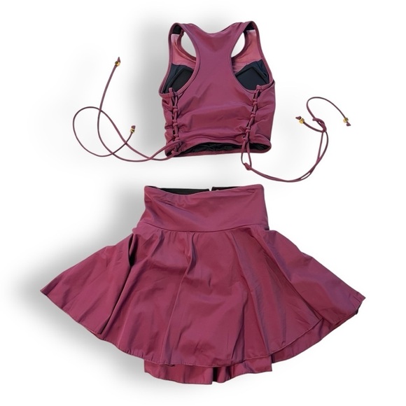 Wave Shine Skirt Set Maroon Waist Cinched Corset Swim Skirt/ Mesh Halter Bikini - Picture 7 of 16